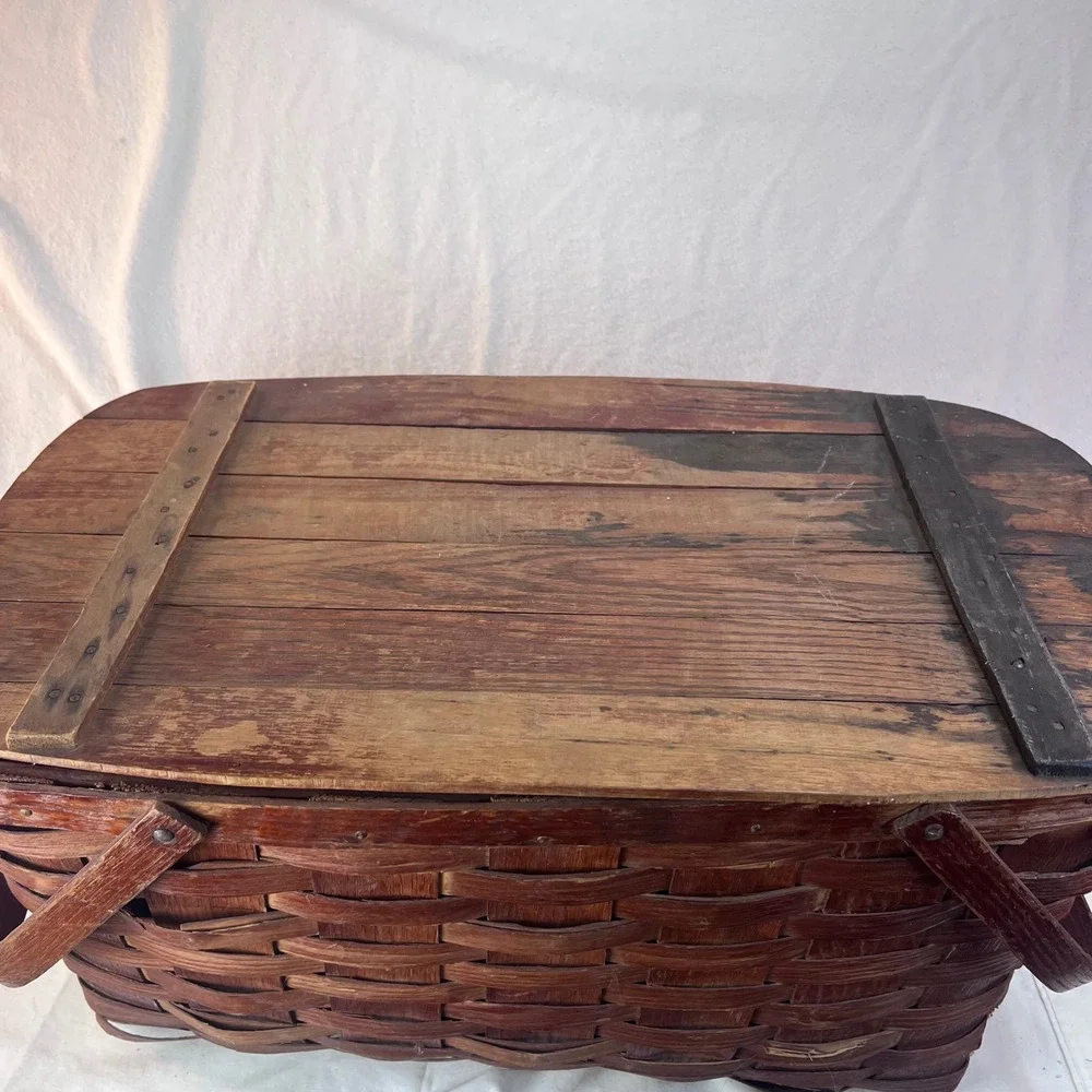 Vintage Woven Wood Picnic Basket Dual Handles Hinged Slatted Lid Large Rustic